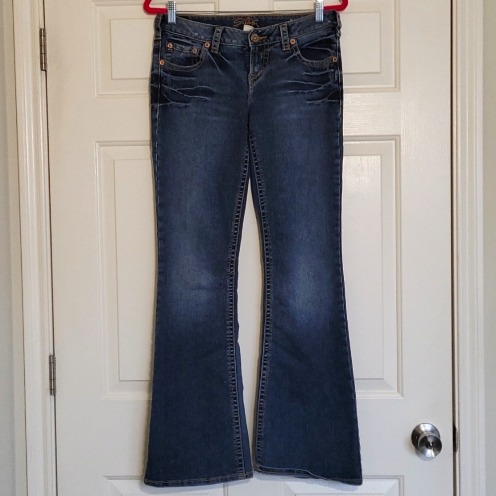 Silver Jeans Elyse Flare Leg Distressed Denim Blue Jeans Size 29